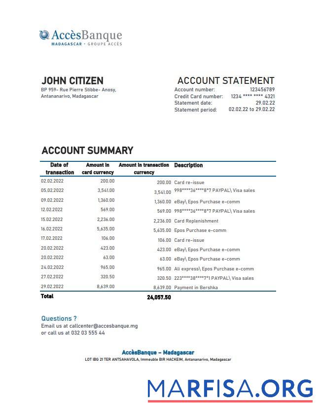 Realistic Madagascar Acces Banque bank statement excel sample